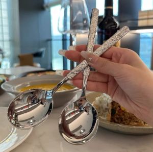 2Pcs Stainless Steel Spoon Silver Long Handle Tablespoon Good Look Soup Scoop Korean Style Tableware Meal Spoon