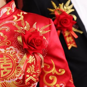 Wedding Celebration Chinese Style Artificial Red Bridegroom Bride Corsage Golden Leaf Groomsman and Bridesmaid Corsage Family Name