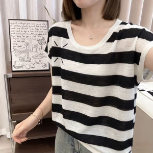 Áo Thun Mỏng Giảm Cân Sọc Đối Chiếu Lụa Đá Hè