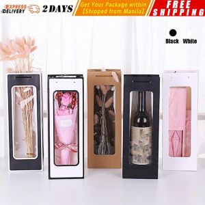❤️【Same Day Delivery】【5PCS】Visible Wine Bags Solid Paper Bags Clear Window White Paper Bag for Wine Flower Gift Packing Party Festival Gift Package Paper-Wine-Bag
