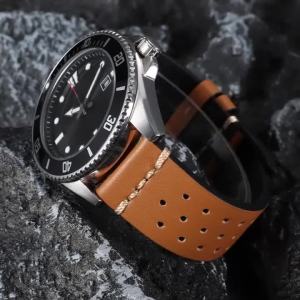 20mm 22mm for Seiko Stitching Sports Leather Strap Mens Breathable Porous Genuine Leather Watch Band Black Buckle Bracelet Belt