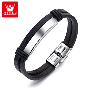OLEVS Gelang Silicone Leather Bracelet Pria Serut Perhiasan Fashion Hitam Bracelet Adjustable Gelang For Man