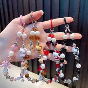 Sanrio | Fashion Vintage Y2K Hello Kitty Beaded Keyring Imitation Pearl Bow Heart Bag Key Pendant Handmade Phone Case Strap Accessories