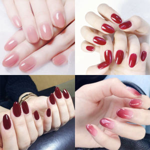 จัดส่งฟรียาวเล็บปลอมเจลสติกเกอร์เล็บชุดเจ้าสาวกาวสวมใส่ง่าย Peel Off เคล็ดลับเล็บสําเร็จรูป 24 ชิ้น Jelly สีชมพู