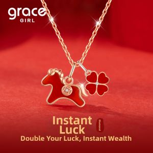 Grace Girl | Lucky Red Four-Leaf Clover & Horse Necklace