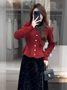 Elegant V-Neck Knitted Open Cardigan And Shiny Sequin Mini Skirt Set Womens Fashion Spring Autumn High Waist Bell Sleeve