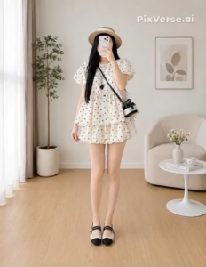 Set Bộ Đi  Chơi Dạo Phố Form BaByDoll Chân Váy Bí Dễ Thương Cổ Tròn Họa Tiết Chấm Bi Thời Trang(TP)