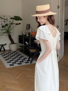 Elegant White French Style Backless Long Dress for Women Summer Vacation Beach Holiday Gentlewoman High Waist A-Line Skirt
