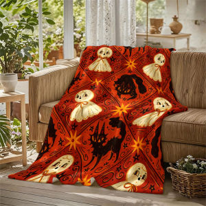 BILIBILI | Vintage Halloween Orange Flannel Blanket Perfect for Sofa Office Bed Travel Sleep Read Relax Camping Four Season Use