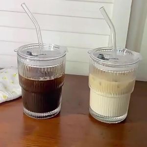 Ins-style vertical striped glass straw cup vintage iced coffee cup high-quality water cup for hot and cold drinks,Perfect gift