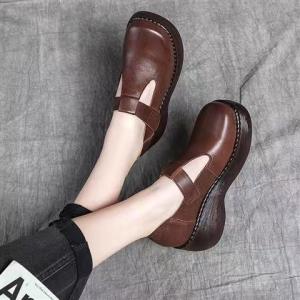 รองเท้าส้นเตี้ยหนังแท้ทำมือสำหรับผู้หญิง ทรงหัวมน ส้นเตี้ย ทรงหัวมน รองเท้าส้นแบนแบบสวมสบาย รองเท้าแฟชั่นฤดูใบไม้ผลิ