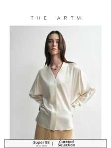 Silk V-Neck Flared-Sleeve Pleated Waist Womens Blouse
