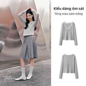 Semir | Áo thun nữ tay dài dáng lửng ôm sát phối màu giả hai mảnh mùa thu
