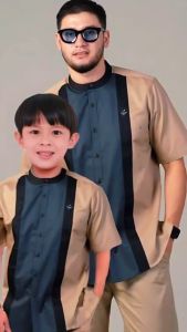 Baju Koko Couple Ayah Dan Anak Laki Laki Harga Terpisah Kemeja Kurta Kerah Mandarin Lengan Pendek Bahan tayobo Seragam