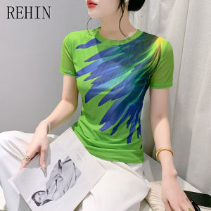 REHIN Summer Fashion Mesh tie-dye Printing Short Sleeve T-shirt Roubd Collar Slim Fit Elegant Womens top