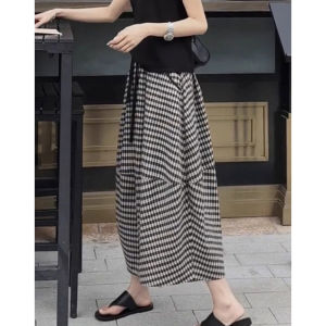 Fashion A-line Skirt With Slimming Wide Design Floral Grid