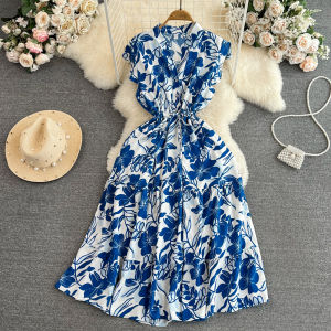Elegant V-neck A-line Dress with Floral Print Slimming Waist And Puffy Sleeves High-waisted Midi Dress Korean Style Summer Dress