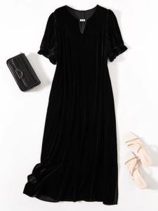 XMO | Silk Velvety Loose Waist-Cinching Black Dress