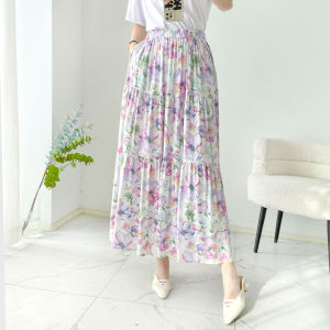 สูง เอว ทรงเอ ยาว ผ้าฝ้าย ผ้าไหมครึ่ง กระโปรง สําหรับผู้หญิง ฤดูร้อน สไตล์ใหม่ ลายดอก อ้วน กระโปรง เรียบหรู และ พรางหุ่น เดรส