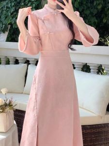 Elegant Long Sleeve Qipao Dress New Chinese Style Autumn Winter plus Size Slimming Improved Girls Cheongsam Dress High Waist A-Line Skirt