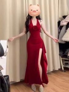 CHANGTONG | French Style Unique Red Off-Shoulder Split Long Dress Slim Fit Bodycon Skirt V-Neck Hanging Neck Beautiful Sisterly Dress