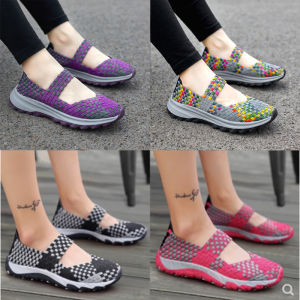 รองเท้าผ้าใบพันแหวนยางยืดสำหรับผู้หญิงในช่วงฤดูร้อนที่ทำมือ รองเท้าสำหรับผู้หญิงระบายอากาศได้ดี สวมใส่สบาย รองเท้าลำลอง สไตล์เกาหลี ทรงส้นแบน ทรงหัวมน