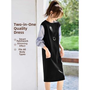 MOHANYIMEI | Slimming Loose Stitched Faux Two-Piece Dress