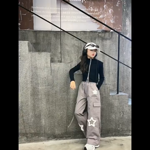 Korean Style Cargo Pants for Kids Towel Embroidery Star Decoration Multi-Pocket Cargo Pants Baggy Pants Loose Trousers 7-16yrs