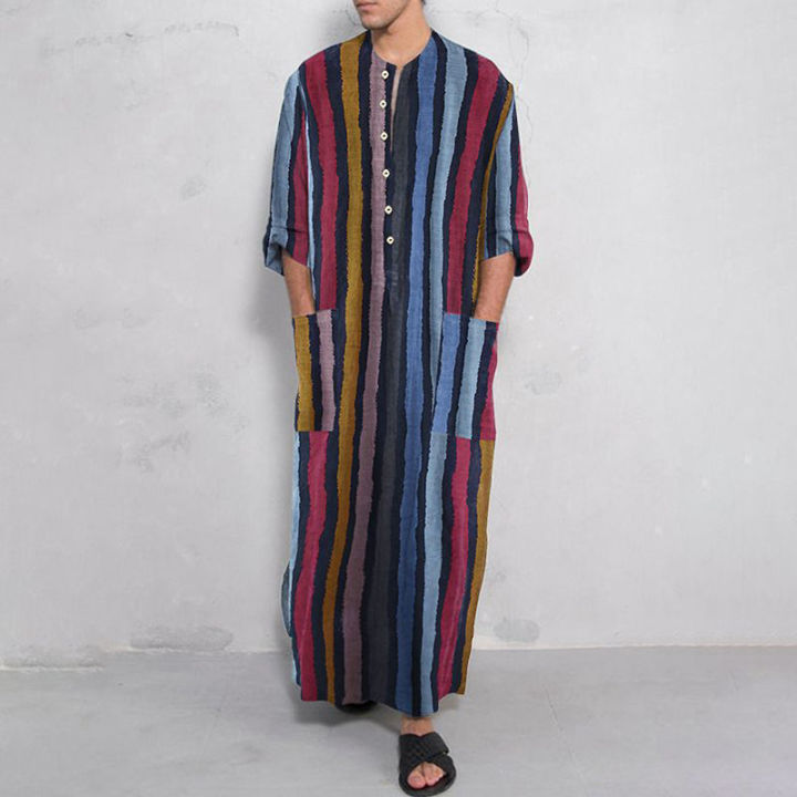 Men's Muslim Long Sleeve Cotton Striped Robes Islamic Arabian Kaftan ...