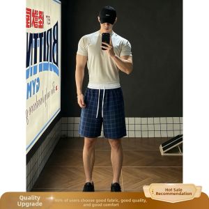 OUMULONG | Mens Ice Silk Quick Dry Sport Shorts Summer Style American Check Plaid