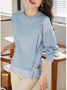 เสื้อสเวตเตอร์คอกลมแขนยาวหลวมๆ ลายปะติดปะต่อกันสองชิ้น สีบล็อก ทรงหลวมๆ สำหรับผู้หญิงในฤดูใบไม้ร่วง แฟชั่นฤดูใบไม้ร่วง 2024