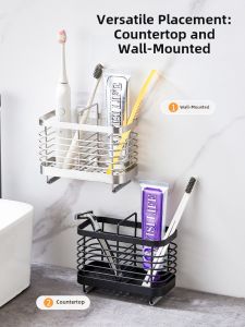 Stainless Steel Electric Toothbrush Holder Double Grid Storage Drainage Shelf Wall Mounted Multi-Function Toothpaste Comb Organizer