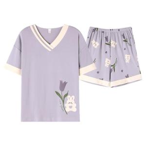 MiiOW | Pure Cotton Short Sleeve Sleepwear Set For Women Summer Thin Style Home Clothes Short Pants V-neck Print Casual Youth Wear