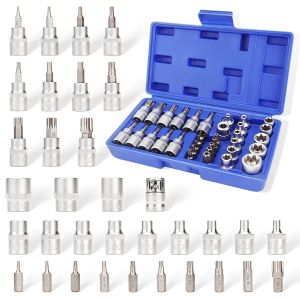 34Pcs Torx Bit & E-Torx Star Socket Set 1/4 3/8 1/2 Drive Male Female Security Bits Mechanic Hand Tool for Auto Repair Garage