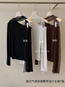 Áo Thun Nữ Tay Dài Dáng Rộng Cổ Chữ V Thiết Kế Thắt Nơ Vai Mùa Thu 2025 Phong Cách Thường Ngày Chất Liệu Khác