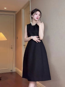 Elegant Vintage Black Dress Womens Summer Simple Style Midi Luxury Feel Hepburn Black Dress Elegant Atmosphere Mid-Length A-Line Skirt