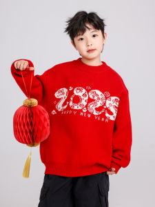 เสื้อสเวตเตอร์หนาสำหรับเด็กชาย ฤดูใบไม้ร่วง/ฤดูหนาว สีแดง เสื้อผ้าเด็ก ชุดวันหยุดพิเศษ ปีงู คุณภาพเยี่ยม ผ้าขนแกะผสม