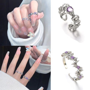 คู่แฟชั่นพลอยเทียม สีม่วง แวววาว เพื่อผู้ชาย วินเทจ คริสตัล แหวน ปรับขนาด Y2K คู่รัก