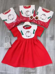Đầm đỏ cổ yếm đính nơ cho bé gái mặc tết 10kg - 26kg