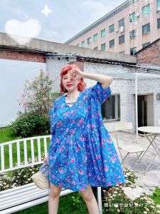 Váy Cotton Hoa Tay Bồng Mùa Hè Cho Nữ Váy Midi Dáng Rộng Cạp Cao Tay Bồng Cổ Chữ V Váy Cotton Cho Nữ