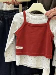 Girls Long Sleeve T-Shirt Spring Autumn Full Print Polka Dot round Neck Elastic Base Shirt Casual Style Standard Fit Pure Cotton