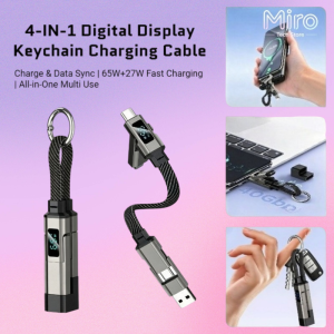 4-in-1 keychain charging cable with digital power display 65W PD3.1 fast charge 40Gbps high speed data transfer braided short cord multi-port USB-A/Type-C/Lightning compact portable travel cable for iPhone Android laptop