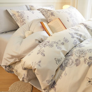 Nordic Style Pure Cotton Bedding Set Simple Striped Bed Sheet Cover Duvet Cover Bed Canopy 100% Cotton Dormitory Three Piece Set