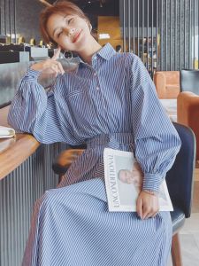 Blue Striped Long Sleeve Shirt Dress Womens Mid-Length Slim-Fit French Design Style A-Line Skirt Polyester Fiber Polo Collar