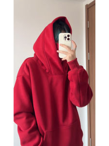 เสื้อฮู้ดคอสูงสีแดงหมูปิ้งสำหรับผู้ชาย ฤดูใบไม้ร่วง/ฤดูหนาว เสื้อเชิ้ตแบบลำลอง ปกติ ทรงหลวม ผ้าฝ้ายผสมโพลีเอสเตอร์