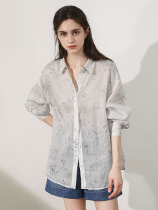 Miccbeirn | Casual Pure Flax Long Sleeve Shirt Vintage Ink Print Turn-down Collar Fashionable Casual Style Commute Top Artistic Leisure