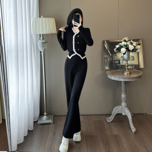 Elegant Black High Waist Womens Suiting Two-Piece Set High Fashion Spring 2025 Button-Up Long Sleeve V-Neck Workwear