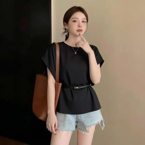 AIYITI | High-grade Acetate Satin Short Sleeve Large Size French Waist-cinching Concealing Tummy Shirt with Belt
