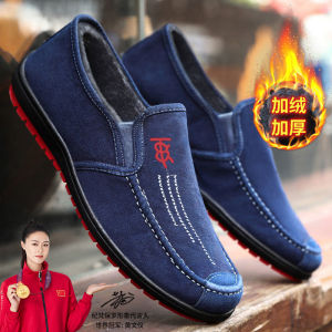 Giày Vải Dày Lót Lông Cừu Mùa Đông Cho Nam Giày Vải Cotton Đế Bằng Thường Ngày Ấm Áp Cho Người Trung Niên Và Người Cao Tuổi