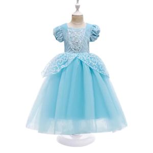 Cinderella Blue Short Sleeve Dress Complete Set with Long Gloves Sleeves for Girls Birthday Ball Halloween Cosplay Costume